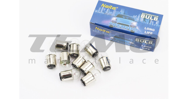 Лампа повороту (біла з цоколем) 12V / 10W G18 BA15D (+/- контакти внизу) - 10шт - фото 1