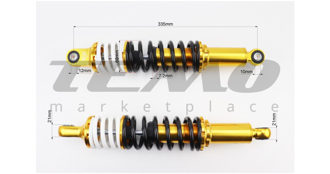 Амортизатор задний к-кт JWBP JH/CB/CG L-335 мм d-60 мм (втулка 12 мм втулка 10 мм) с двойной пружиной регулируемый чёрный корпус желтый - фото 2