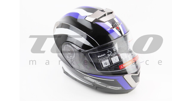 Шлем для мотоцикла модуляр BLD 160 S 55-56 см Чёрный с сине-белым рисунком закрытый с откидным подбородком + откидные очки - фото 1