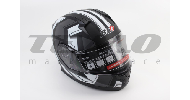 Шолом для мотоцикла модуляр BLD 162 S 55-56 см Чорний матовий з сіро-білим малюнком закритий з відкидним підборіддям + відкидні окуляри - фото 1