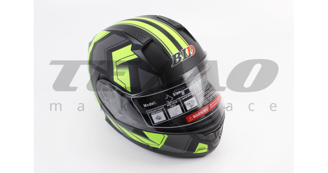 Шлем для мотоцикла модуляр BLD 162 S 55-56 см Чёрный матовый с серо-салатовым рисунком закрытый с откидным подбородком + откидные очки - фото 1