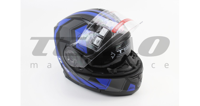 Шлем для мотоцикла модуляр BLD 162 S 55-56 см Чёрный матовый с сине-серым рисунком закрытый с откидным подбородком + откидные очки - фото 2