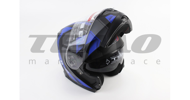Шлем для мотоцикла модуляр BLD 162 S 55-56 см Чёрный матовый с сине-серым рисунком закрытый с откидным подбородком + откидные очки - фото 3
