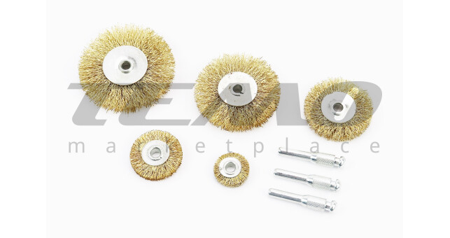 Набір щіток 5шт - диск. зі стрижнем 1/4" D-25/38/50/63/75 з латунованого рифленого дроту - фото 1