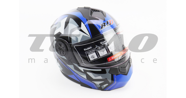 Шлем для мотоцикла модуляр BLD-159 L 59-60 см Чёрный глянец с сине-серым рисунком закрытый с откидным подбородком + откидные очки - фото 1