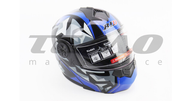 Шолом для мотоцикла модуляр BLD-159 L 59-60 см Чорний глянець з синьо-сірим малюнком закритий з відкидним підборіддям + відкидні окуляри - фото 1
