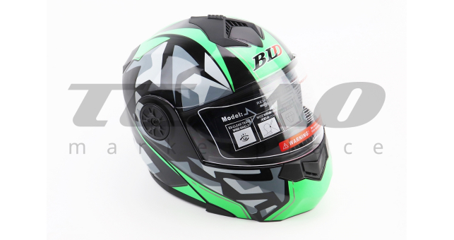 Шлем для мотоцикла модуляр BLD-159 М 57-58 см Чёрный глянец с зелёно-серым рисунком закрытый с откидным подбородком + откидные очки - фото 1