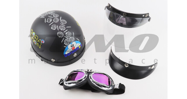 Шолом для мотоцикла Mototech відкритий з козирком + окуляри Doraemon Чорний матовий - фото 1