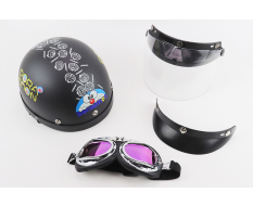 Шолом для мотоцикла Mototech відкритий з козирком + окуляри Doraemon Чорний матовий