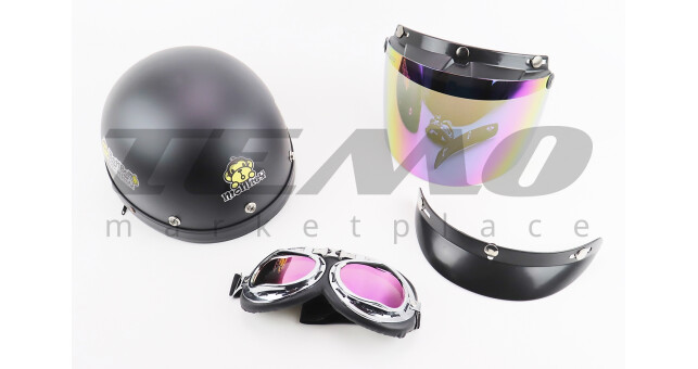 Шолом для мотоцикла Mototech відкритий з козирком + окуляри Monkey Чорний матовий - фото 1