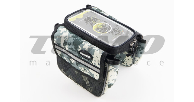 Сумка-штани на раму з тримачем телефону 170х90мм, бічні відділення, кріпл. на липучці, вологозахисна, піксель - фото 2