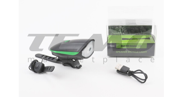 Ліхтар передній 1 діод+дзвінок 4 мелодії, Li-ion 3.7V 1200mAh зарядка від USB, вологозахисний, чорно-зелений FY-058/7588 - фото 1