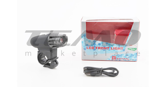 Ліхтар передній 1 діод 200 lumen, Li-ion 3.7V 1200mAh зарядка від USB, вологозахисний, чорно-сірий - фото 1