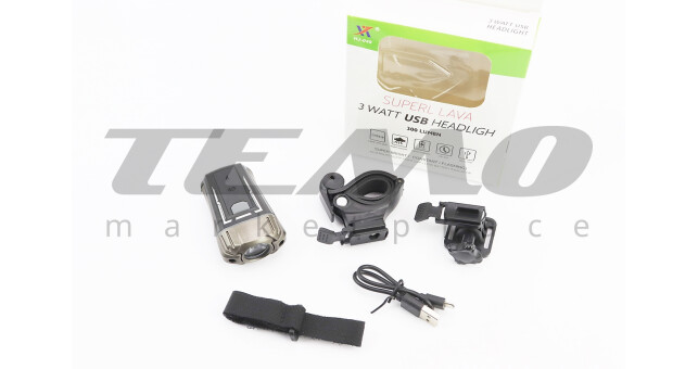 Ліхтар передній 1 діод 300 lumen, Li-ion 3.7V 1200mAh зарядка від USB, вологозахисний, чорно-сірий HJ-049 - фото 1
