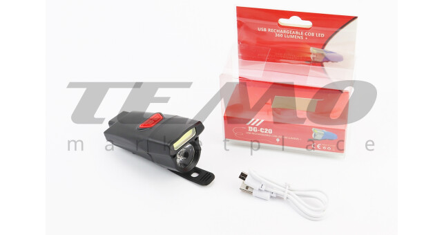Ліхтар передній 1+7 діодів 360 lumen, Li-ion 3.7V 500mAh зарядка від USB, вологозахисний, чорний BG-C20 - фото 1